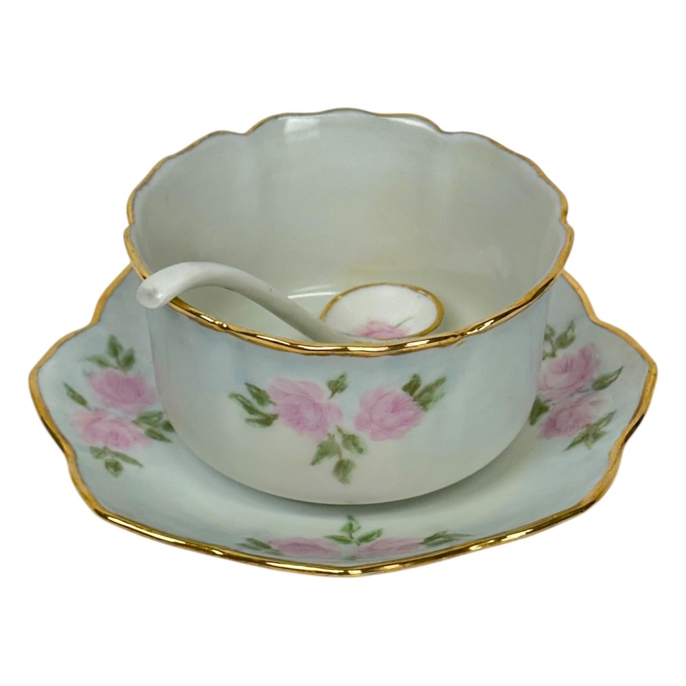 Antique Limoges White Porcelain Sugar Bowl Plate Spoon Set Rose Garden Gold Trim